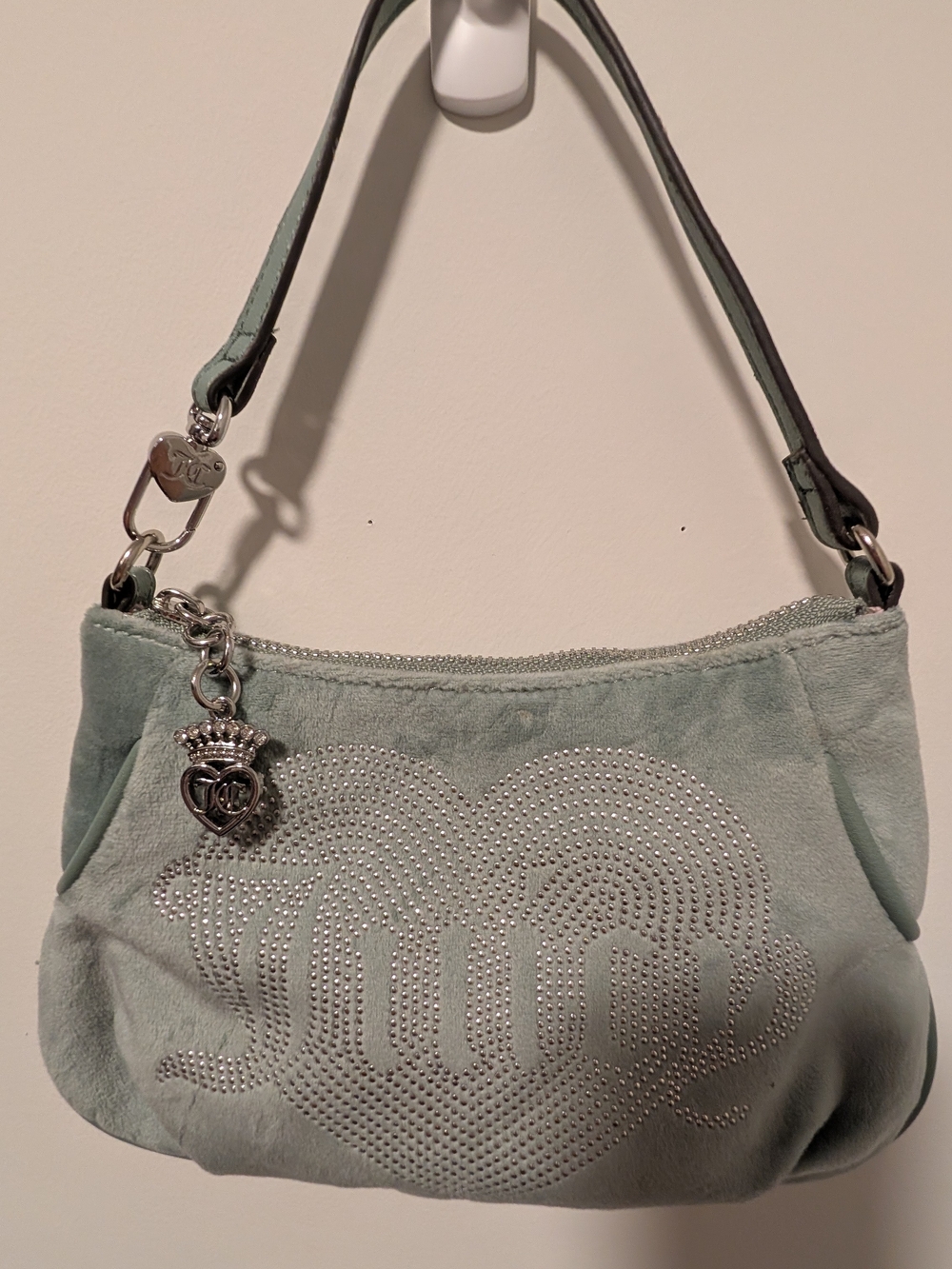Juicy Couture Mint Green Suede Shoulder Bag with Crystal Logo Charm